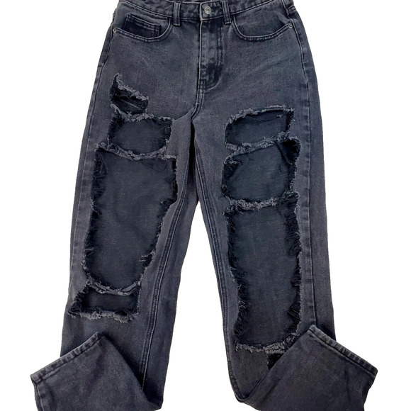 Pretty Little Thing Mom Jeans Women's 4 Black Denim Distressed 5-Pocket Pants - Picture 1 of 14